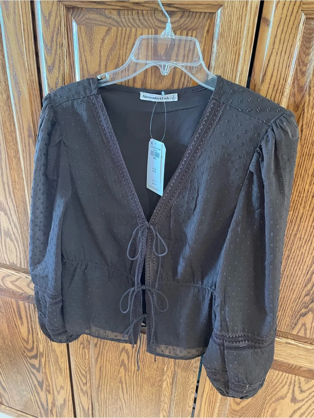 Abercrombie & Fitch Dark Brown Tie-Front Swiss Dot Peplum Blouse